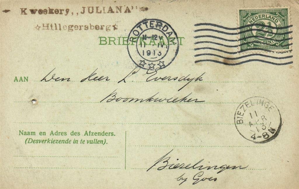 Kweekery Juliana, Hillegersberg - 04.1913 - briefkaart - 191, Ophalen of Verzenden, Briefkaart
