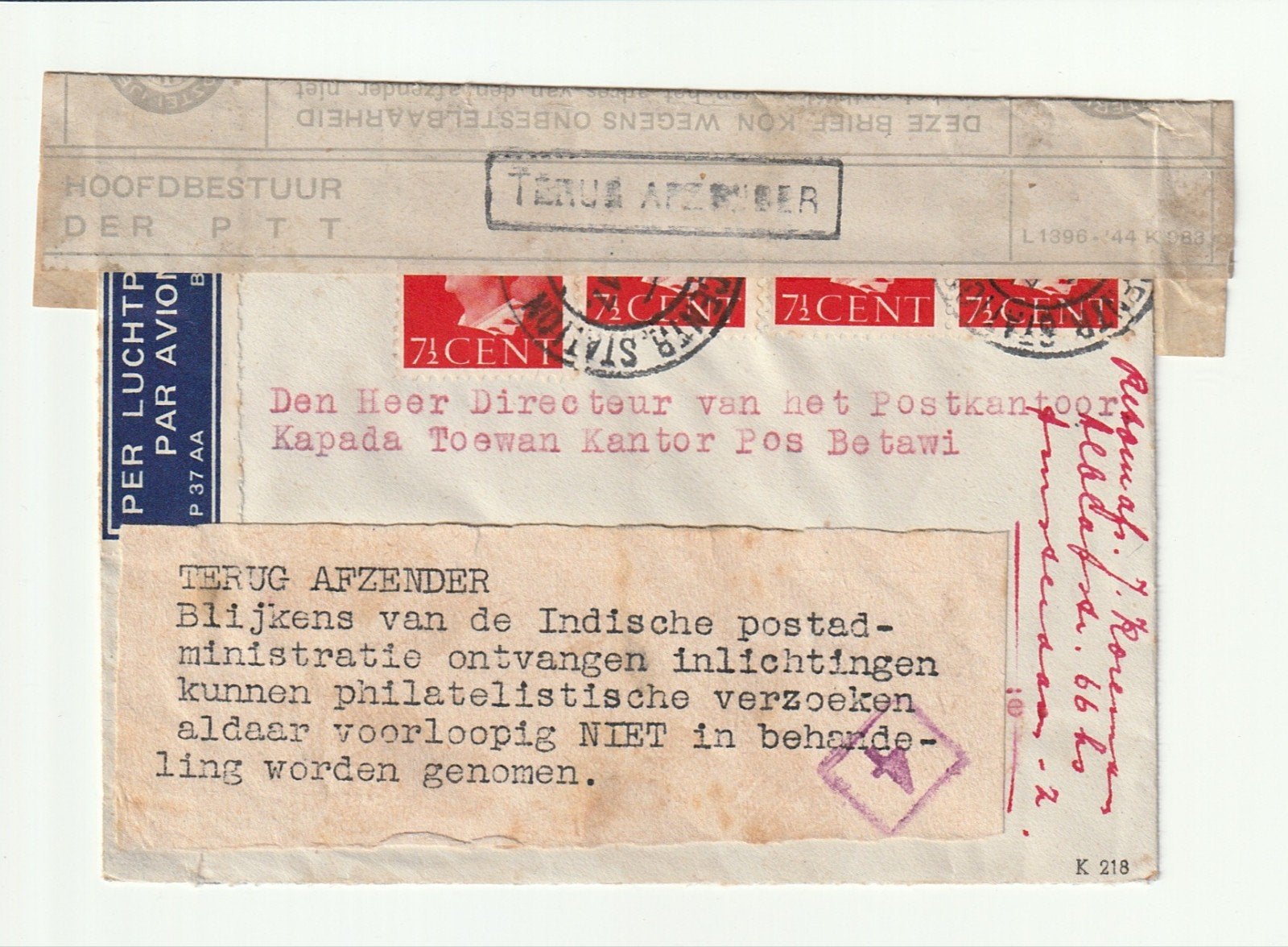 Schaarse retour afz luchtpostbrief Nederlands Indië ca. 1946, Ophalen of Verzenden, Brief