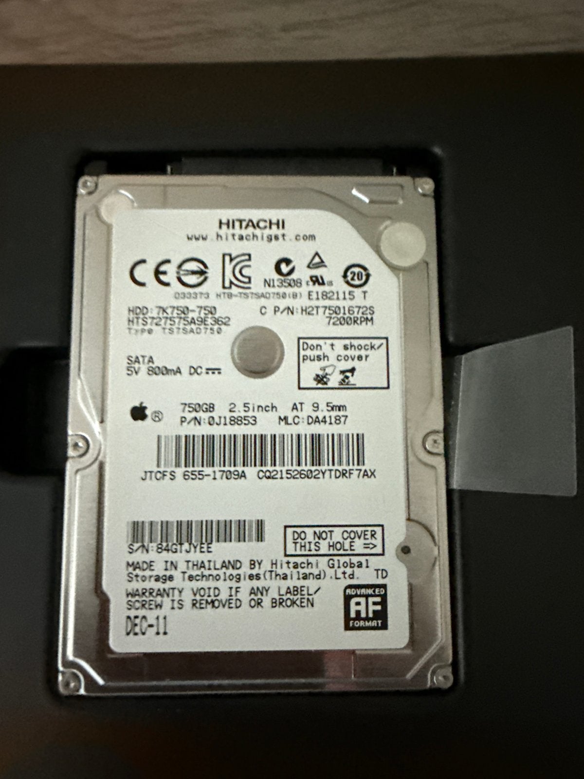 Hitachi 750GB 2.5 inch SATA HDD 7200RPM voor Laptop/Desktop, Computers en Software, Harde schijven, Ophalen, Intern, Gebruikt