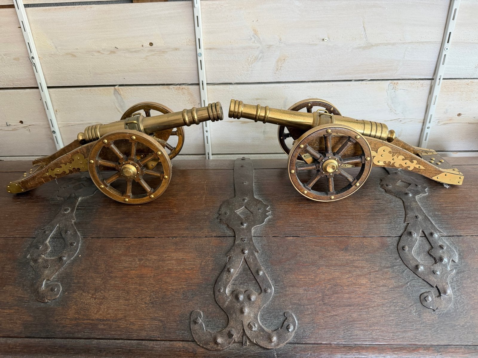 Set van 2 massief messing en houten kanonnen, 43 cm, Ophalen of Verzenden