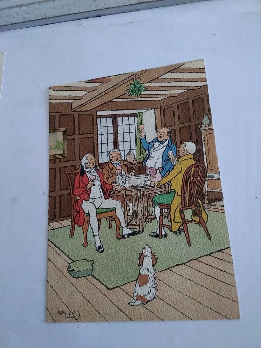 kaart: Gezellige Heren aan Tafel met Hond Harry Eliott, Ophalen of Verzenden