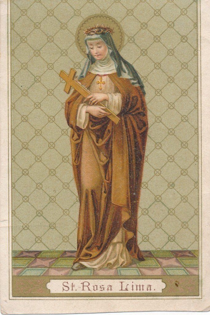 Mooi oud prentje H Rosa de Lima - gouddruk, Ophalen of Verzenden, Zo goed als nieuw, Kaart of Prent, Christendom | Katholiek