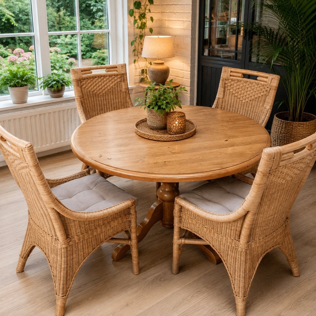 Ronde eettafel met 4 rieten (Rotan) stoelen met kussens., Ophalen, Overige materialen, Rond, Zo goed als nieuw