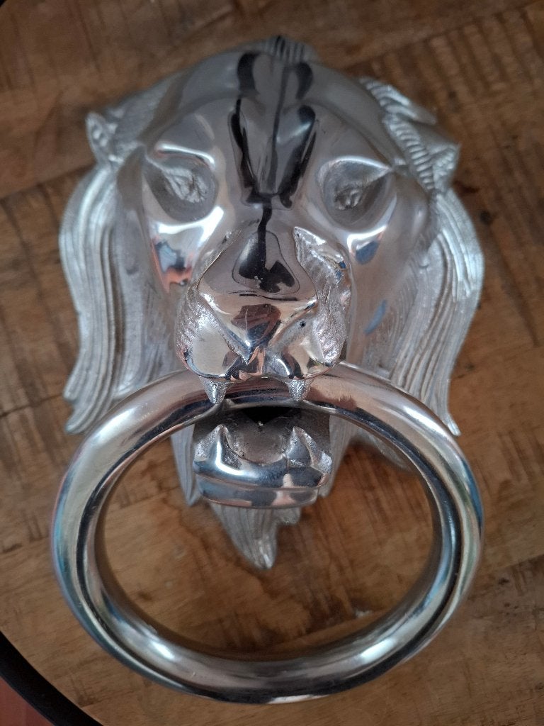 Wanddecoratie/deurklopper/handdoekhouder leeuwenkop, Ophalen, Metaal, Zilver, Decoratieobject