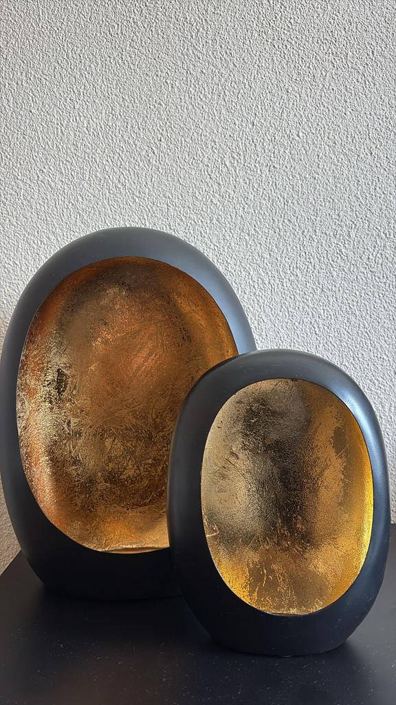 Set van 2 Egg windlichten - Zwart/Goud - Sfeervol & Luxe, Ophalen, Overige materialen, 25 tot 50 cm, Zwart