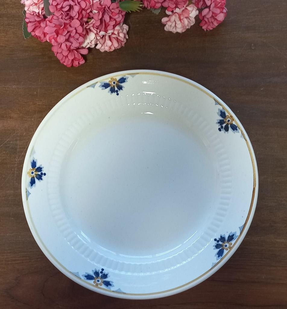 Mooi brocant dinerbord,blauw/gele bloem,aardewerk, gemerkt, Antiek en Kunst, Ophalen of Verzenden