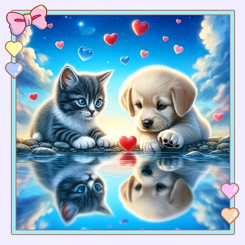 25x25cm Diamond Painting puppy kitten hartjes (rond) nr 482, Verzenden, Nieuw, Meerkleurig, Overige materialen