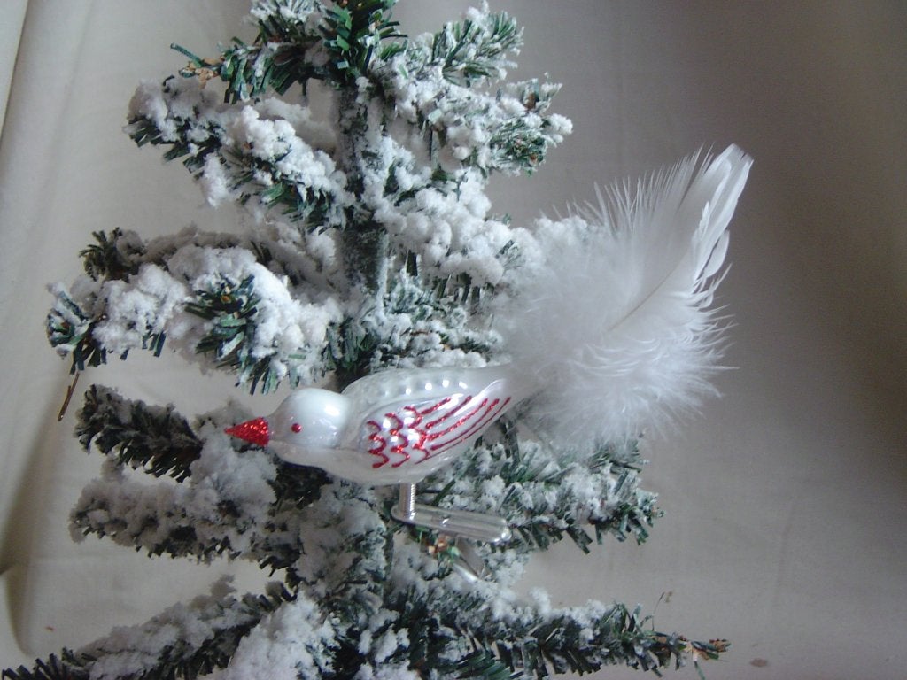 Rood witte glazen vogel op knijper kerstbal, Ophalen of Verzenden, Zo goed als nieuw