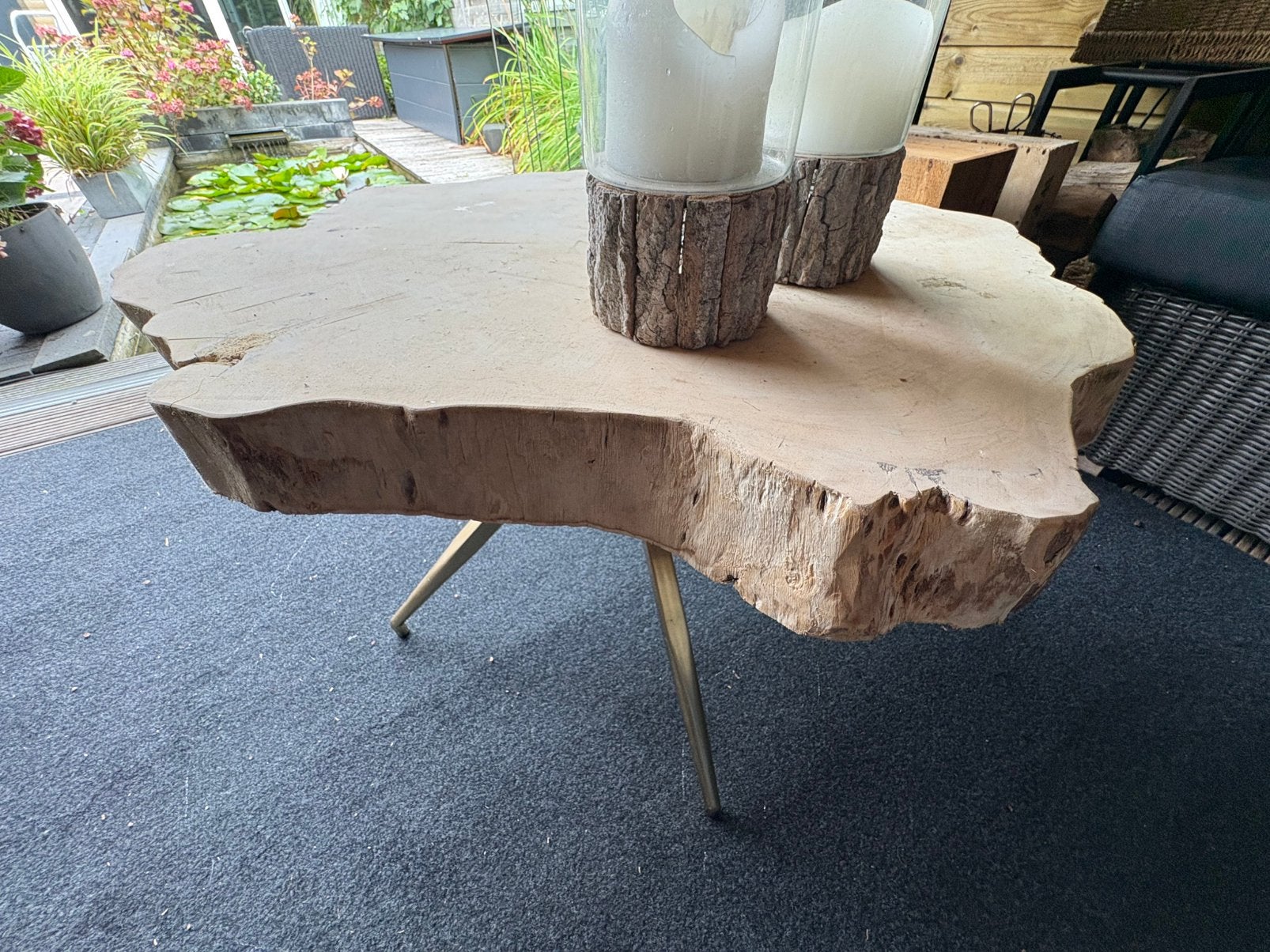 Unieke handgemaakte Eiken salontafel,lounge binnengebruik, Tuin en Terras, Tuinsets en Loungesets, Ophalen, Gebruikt