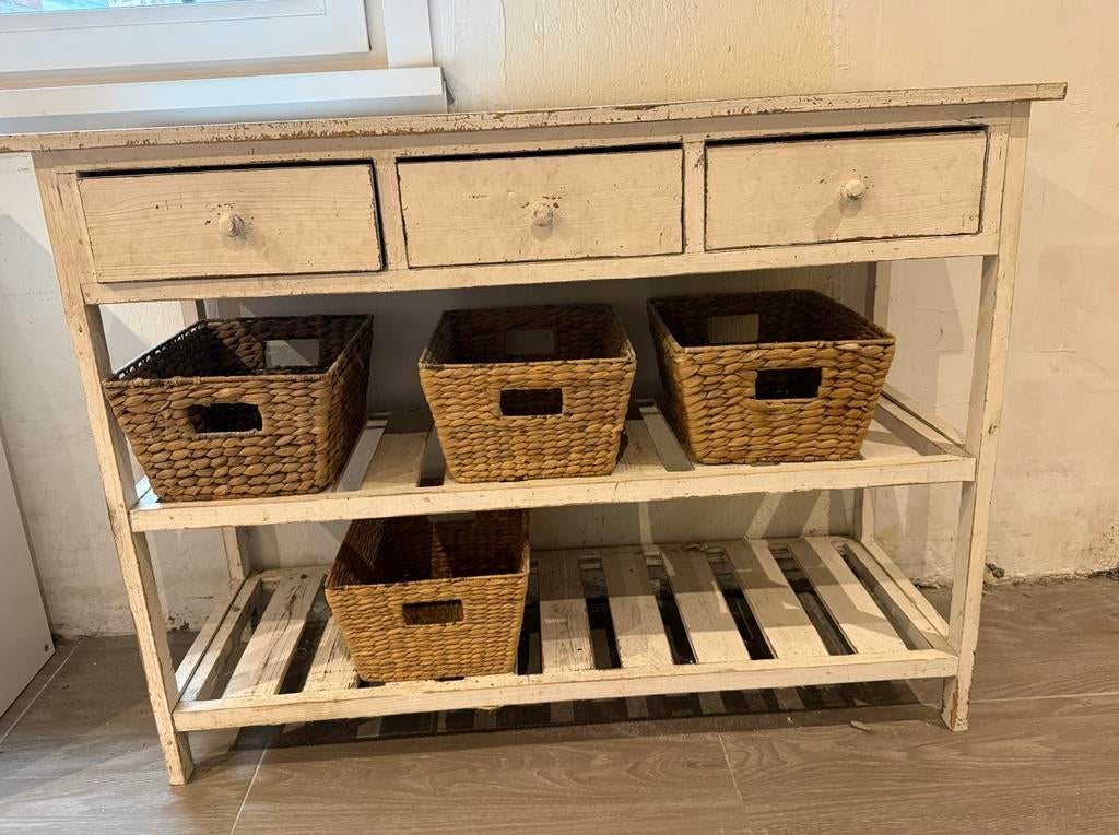 Vintage bijzettafel met lades en opbergmanden, Ophalen, Gebruikt