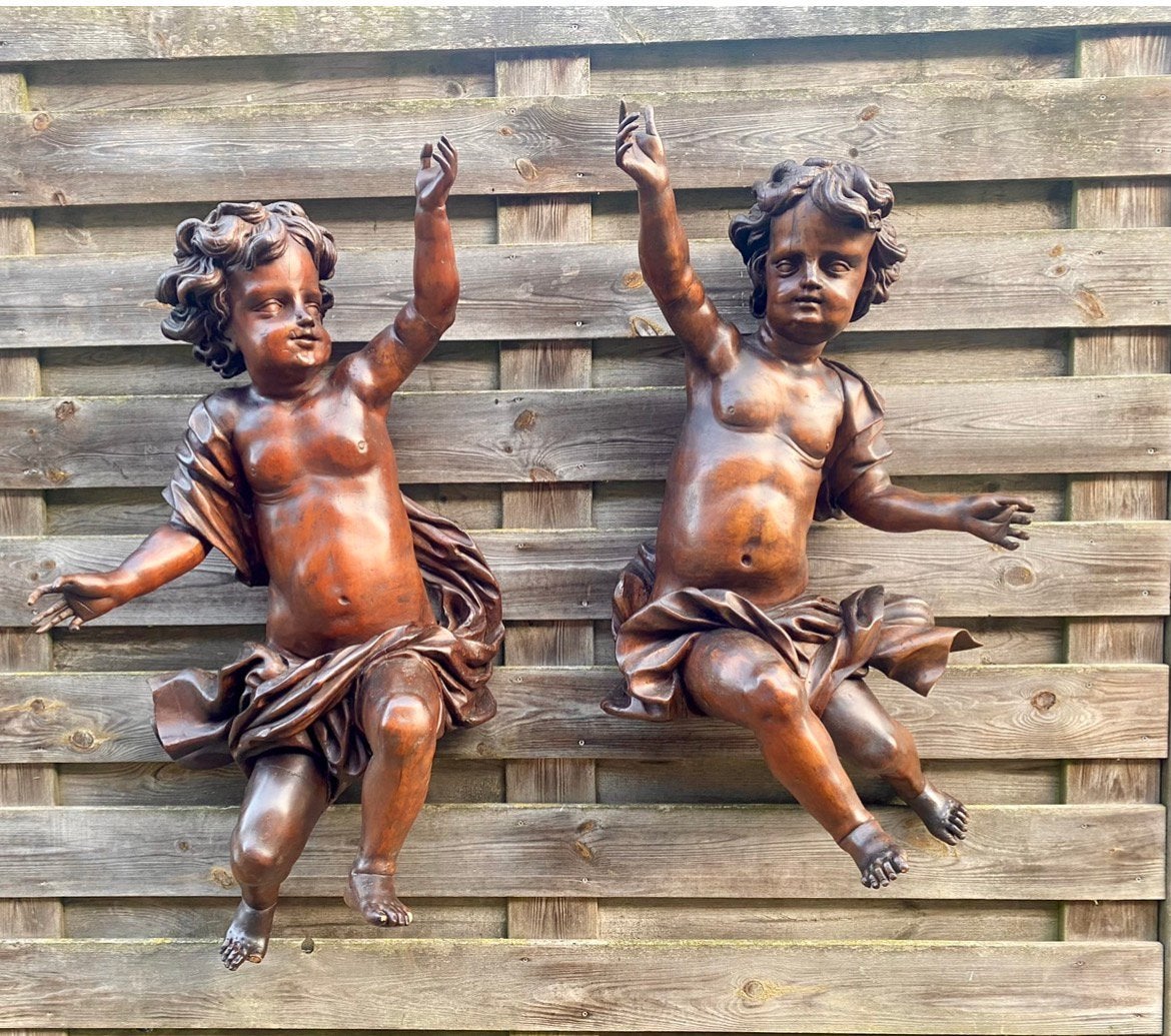 Exclusief groot (ca 1 m) stel houten putty, 17e eeuw., Antiek en Kunst, Ophalen, Houtsnijwerk, 50 - 100 cm, Handgemaakt