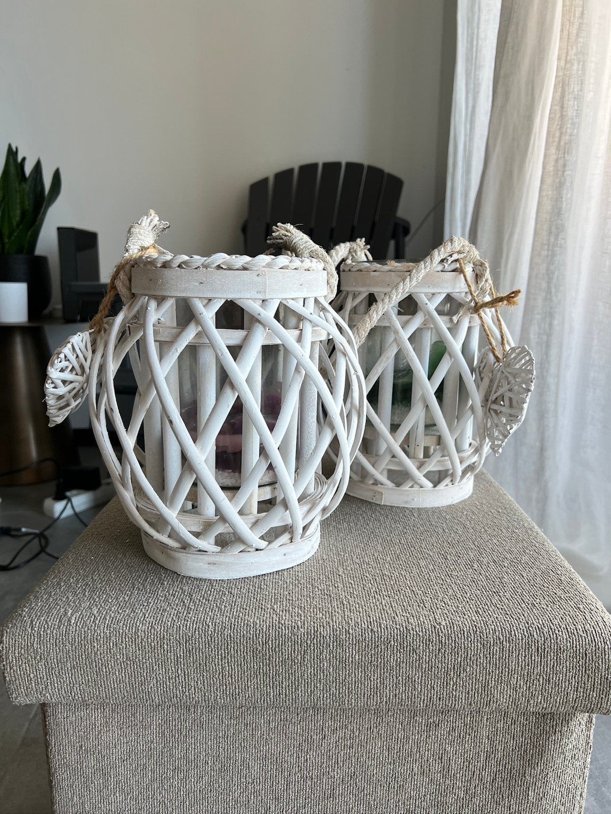 2 houten witte kandelaars, Ophalen, Gebruikt, Windlicht, Hout