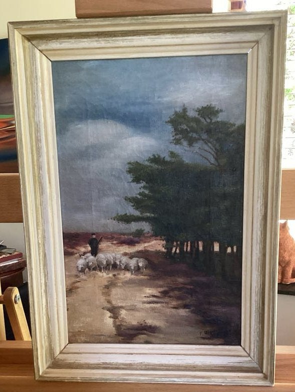 Fedor van Kregten - Herder met schapen op de heide, Ophalen, Gedateerd, Doek, Realistisch