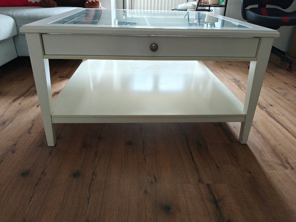 Salontafel met glasplaat en grote lade, Ophalen, Gebruikt, 50 tot 100 cm, Vierkant