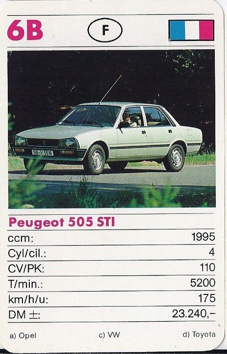 Kw1205 autokaartje peugeot 505 sti (6b), Ophalen of Verzenden, Zo goed als nieuw, Auto's