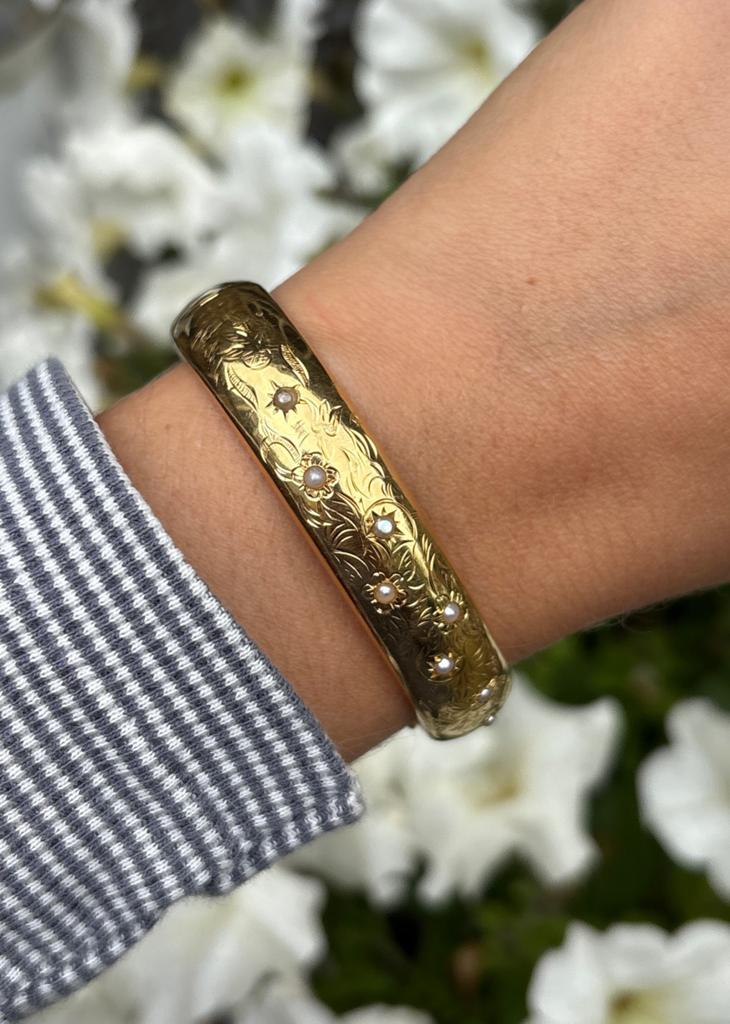18 karaat gouden armband bezet met zaadparel 20,63g, Verzenden, Gebruikt, Goud, Goud