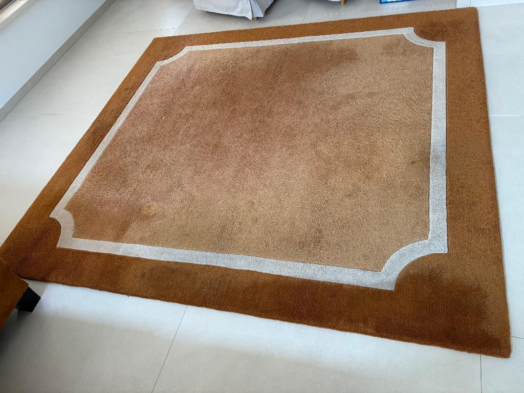 Vloerkleed designer wol bruin/cognac, Ophalen, Gebruikt, Bruin, 200 cm of meer