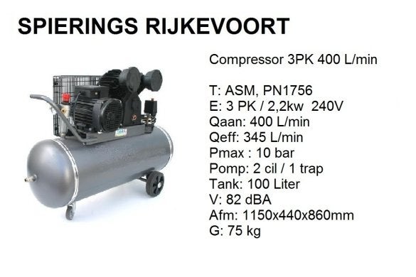 Compressor 3PK 400L/min 240V of 380V Spierings Compresser, Doe-het-zelf en Verbouw, Compressors, Niet ingevuld, Nieuw, Ophalen of Verzenden