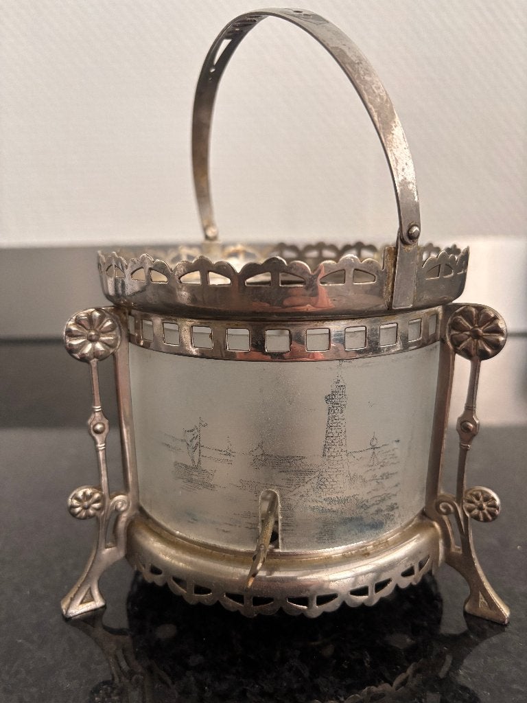 Art Deco verchroomd theelichtje met matglazen inzetstuk., Antiek en Kunst, Ophalen of Verzenden