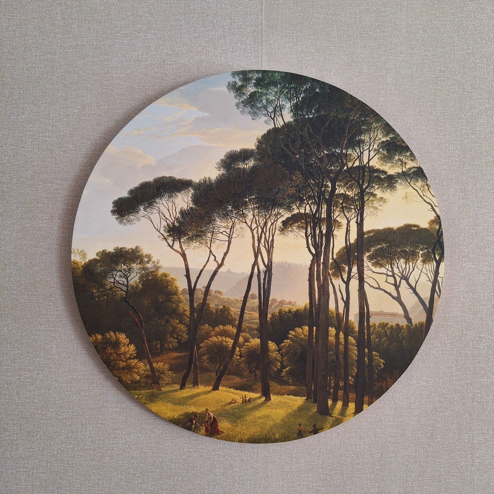Rond Schilderij: Landschap met Hoge Bomen en Figuren, Ophalen, Doek, Landschap, Klassiek
