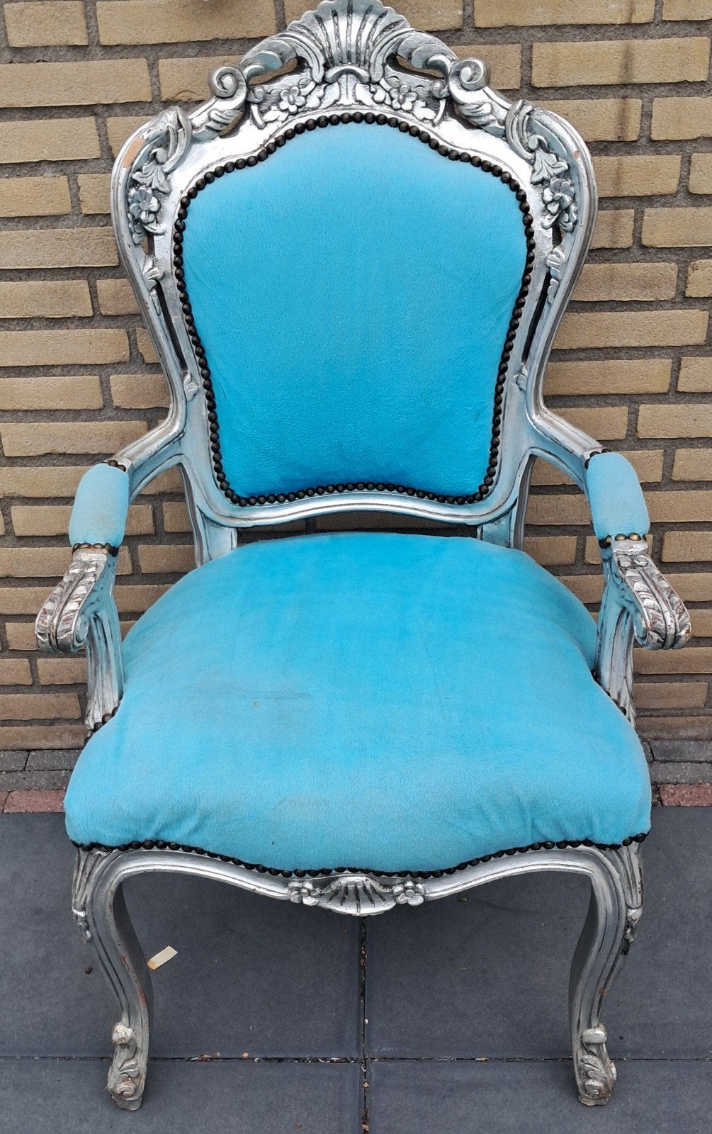 Antieke Barok Fauteuil - Zilver met Turkoois Bekleding, Ophalen