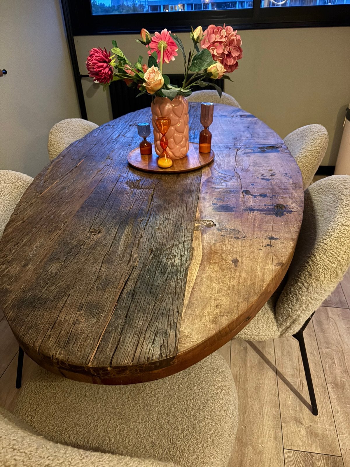 Eettafel ovaal reclaimed hout, Huis en Inrichting, Ophalen, 100 tot 150 cm, 200 cm of meer, Zo goed als nieuw