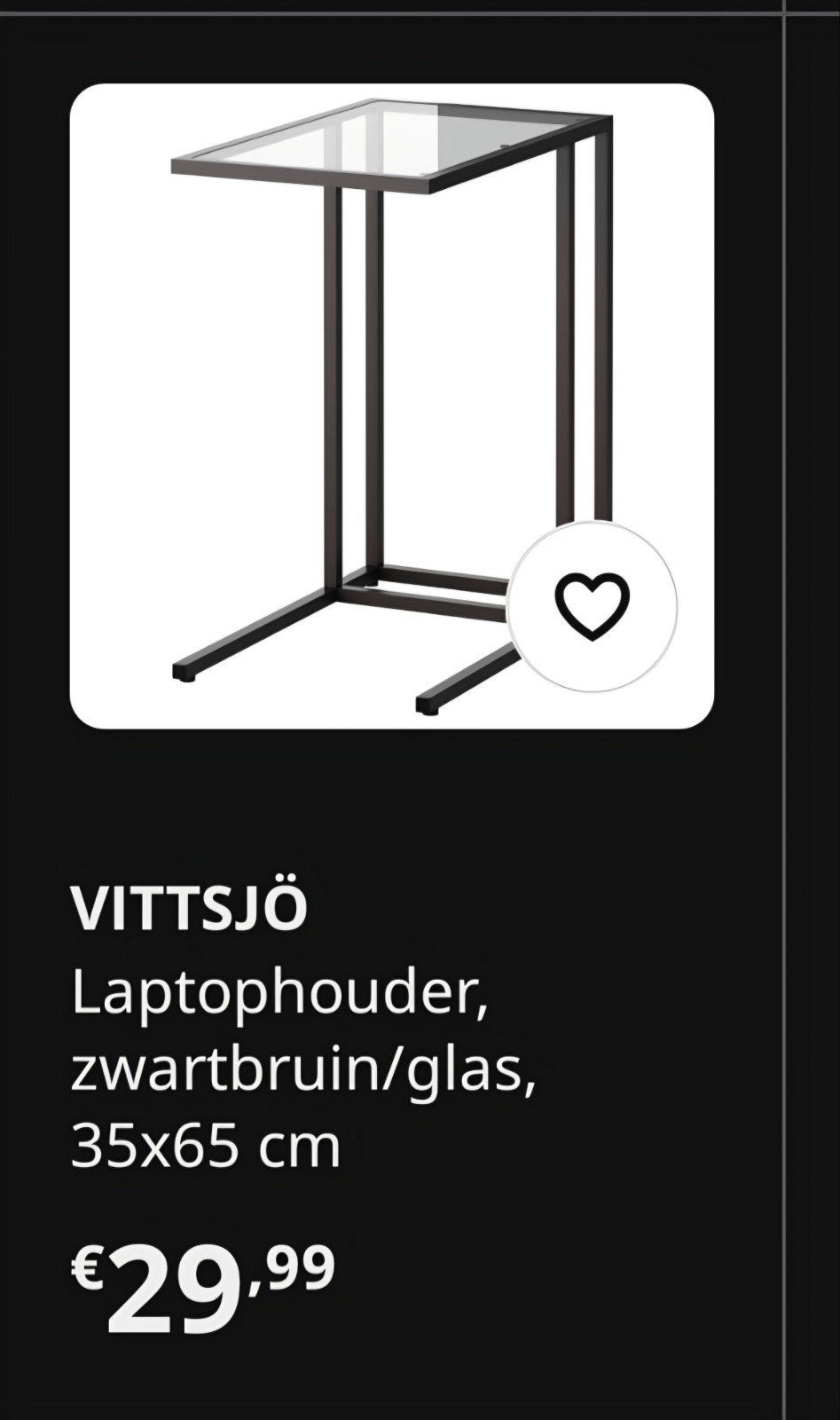 IKEA VITTSJÖ laptoptafel, zwartbruin/glas, Ophalen, Gebruikt, Modern, Industrieel, 55 tot 75 cm