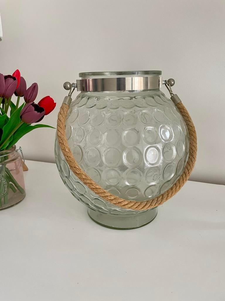 Glazen windlicht met touw handvat, Ophalen of Verzenden, Zo goed als nieuw, Overige kleuren, Glas