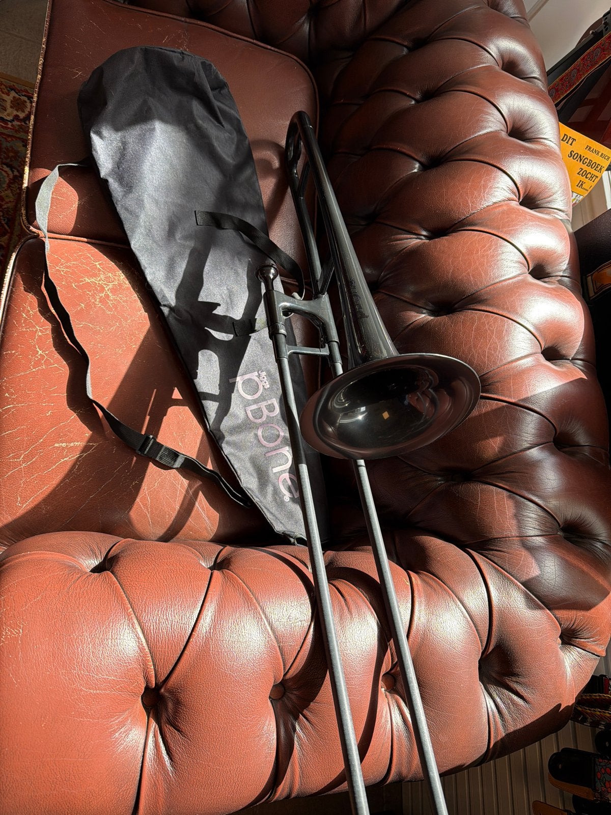 Zwarte pBone Trombone met draagtas, Ophalen of Verzenden, Gebruikt, Tenor, Met koffer
