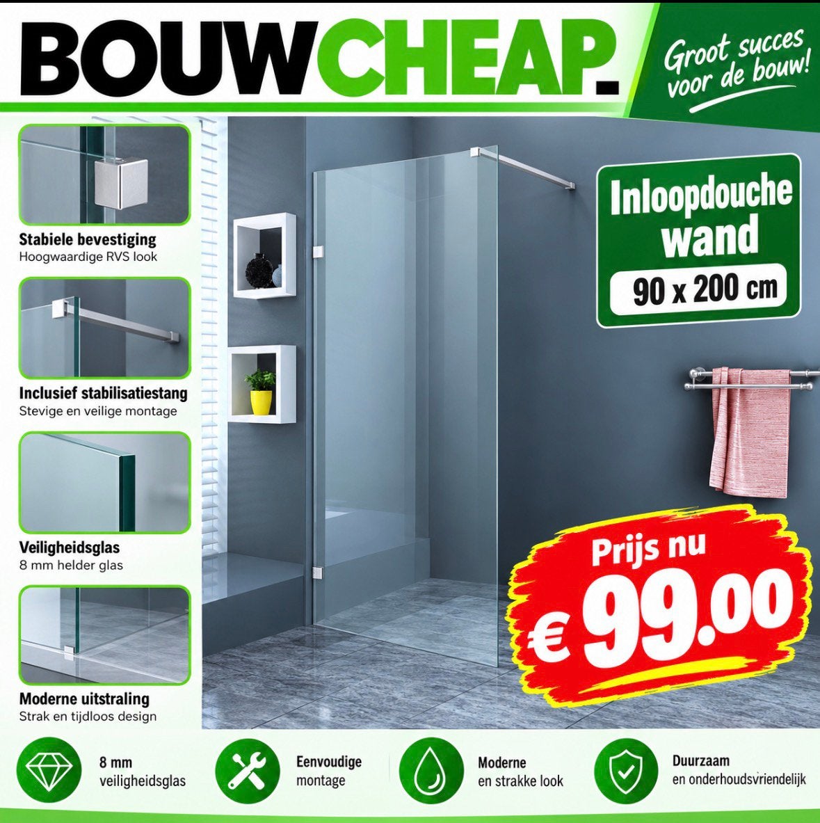 Inloopdouche 90x200cm €.99.00, Ophalen of Verzenden, Nieuw