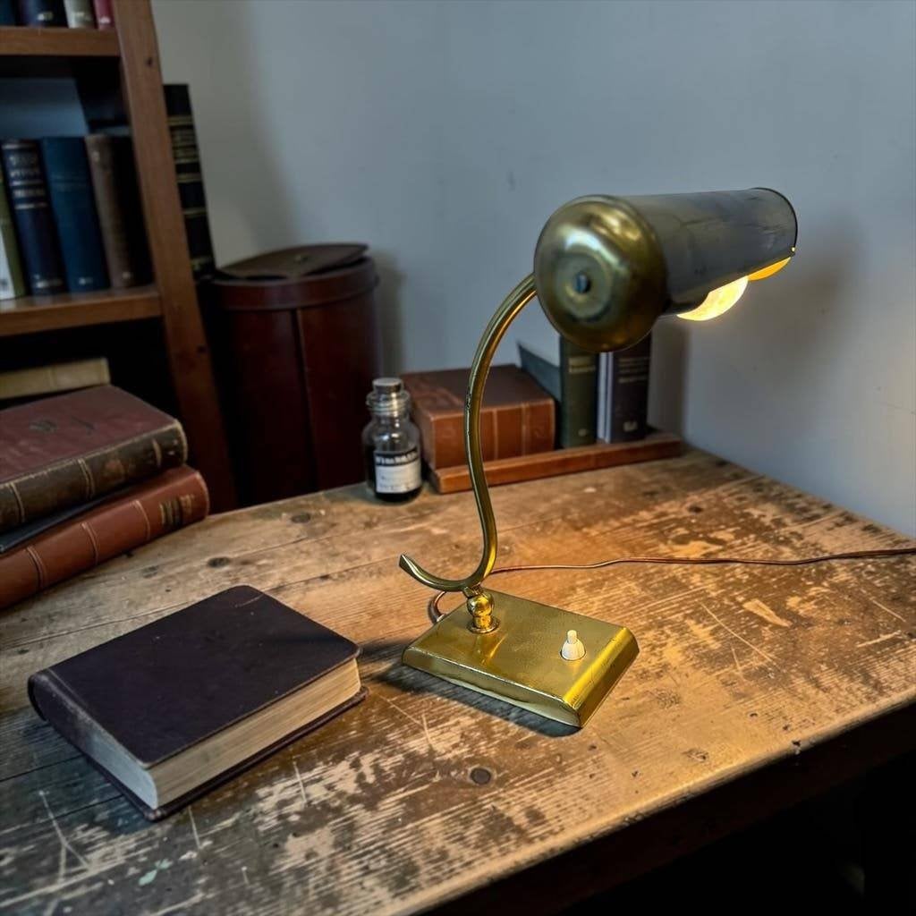 vintage messig gouden bureaulamp / desk lamp / bankierslamp, Ophalen, Gebruikt, Rond