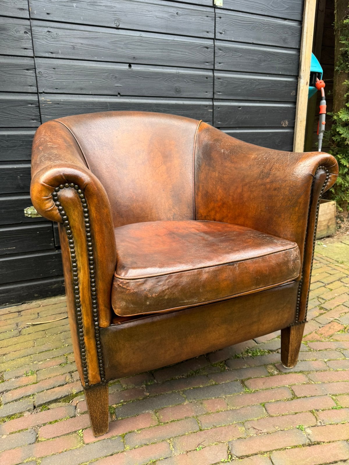 Clubfauteuil schapenleer, Ophalen, Gebruikt, 75 tot 100 cm, Leer