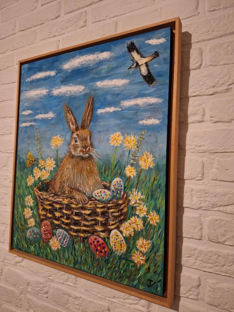 Schilderij: Paashaas in mand met eieren en vogel, Ophalen of Verzenden