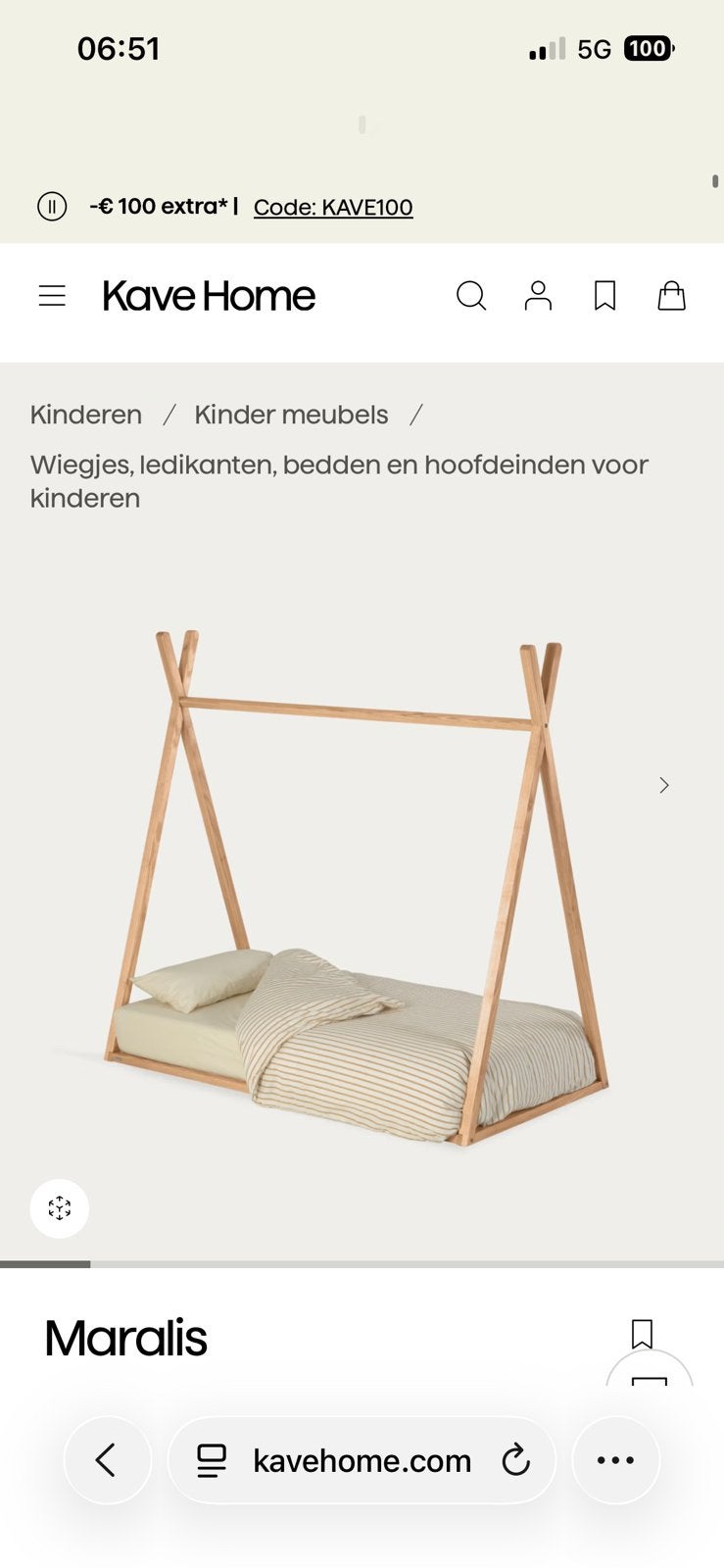 Kave home tipi vloerbed 90x190, Ophalen, 85 tot 100 cm, Gebruikt, Matras