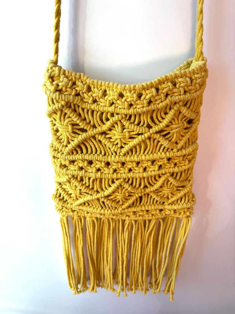 Bohemian Macramé schoudertas - geel, Ophalen of Verzenden, Zo goed als nieuw, Geel, Schoudertasje