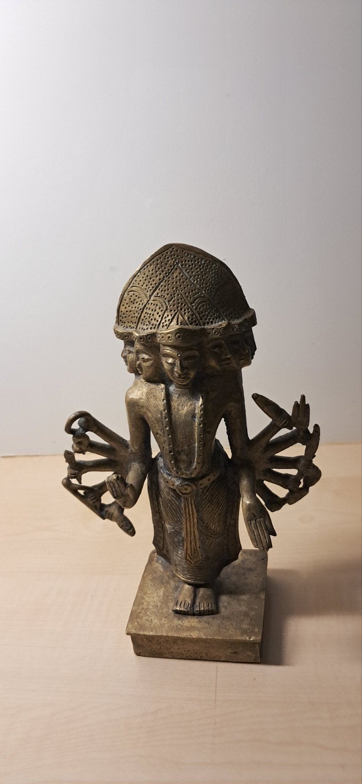 Bronzen Beeld van Brahma met Meerdere Hoofden en Armen, Handgemaakt, Goud, India, Ophalen of Verzenden