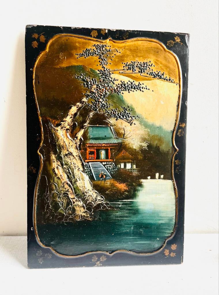 Antiek Japans lak/relief  paneel met landschap en tempel, Antiek en Kunst, Ophalen of Verzenden