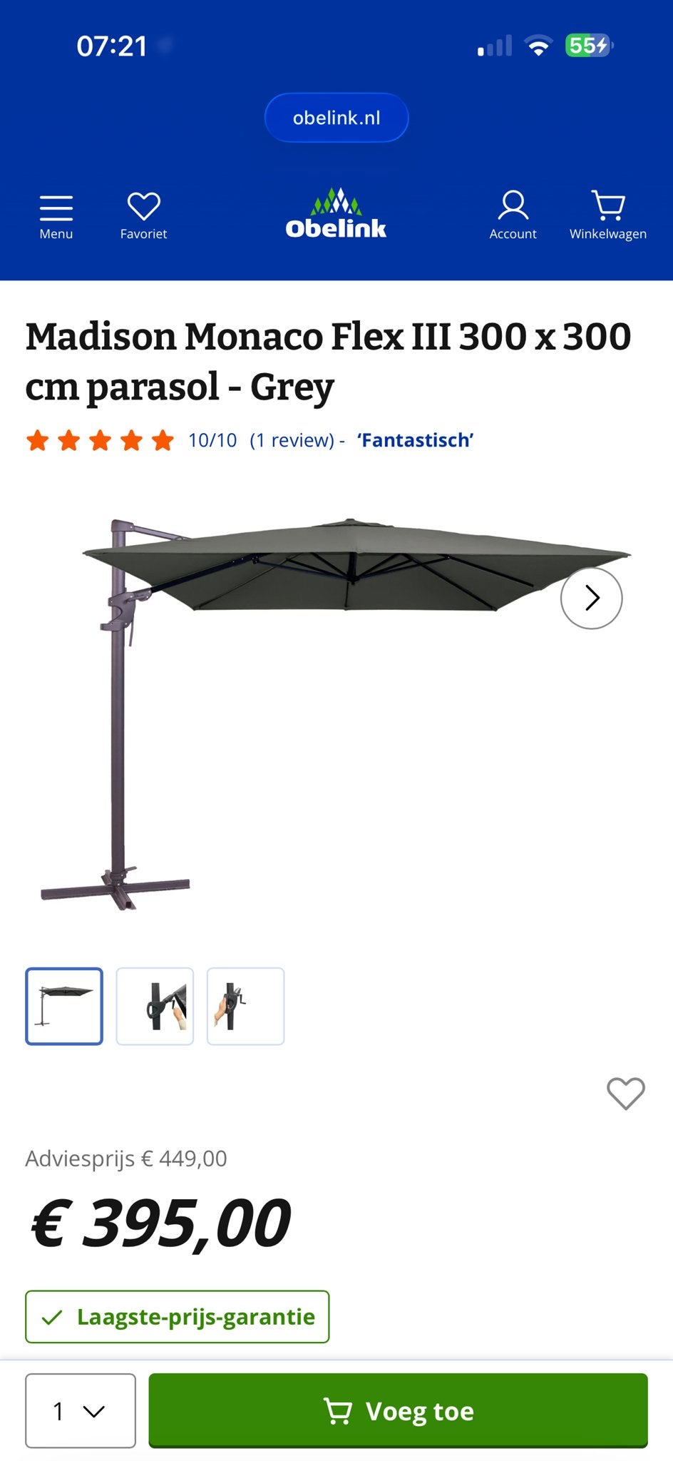 Madison Monaco Flex III 300x300 cm parasol - Grijs, Tuin en Terras, Ophalen, Kantelbaar, 2 tot 3 meter, Zweefparasol