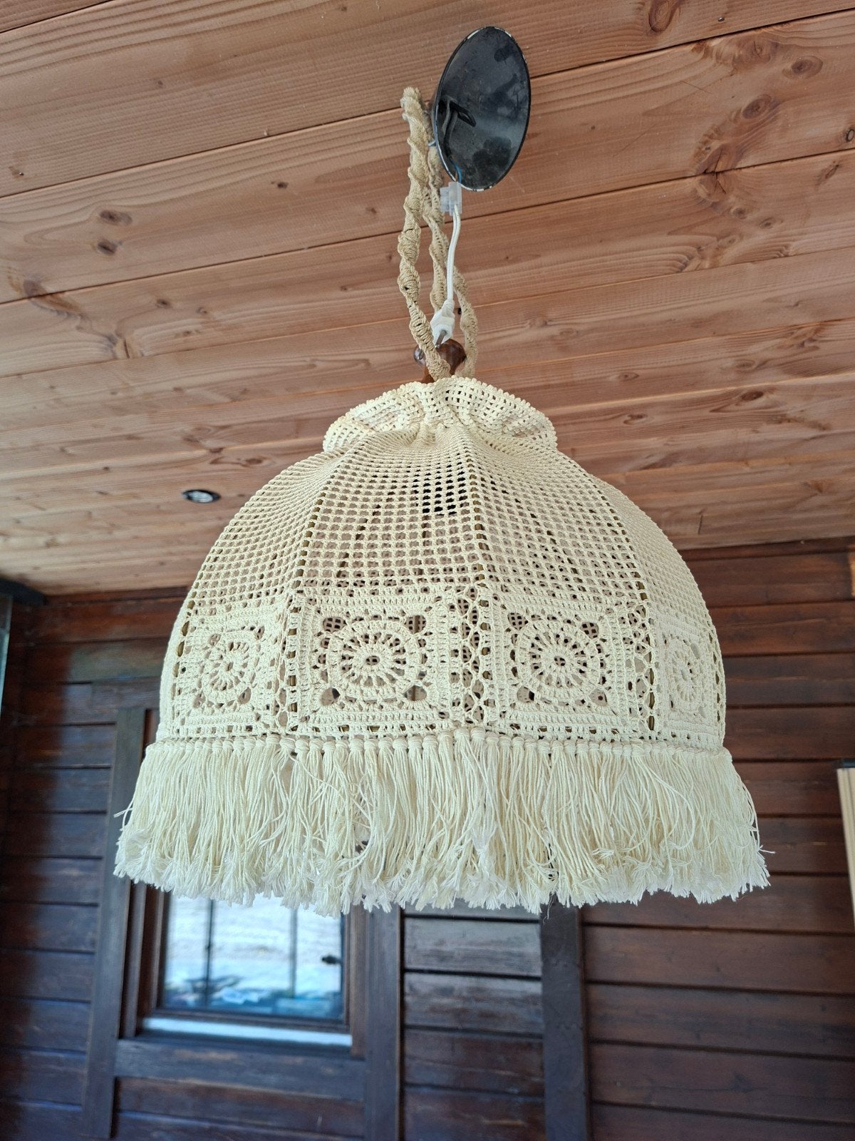 Vintage, antiek, gehaakte, macrame lampenkap compleet., Ophalen