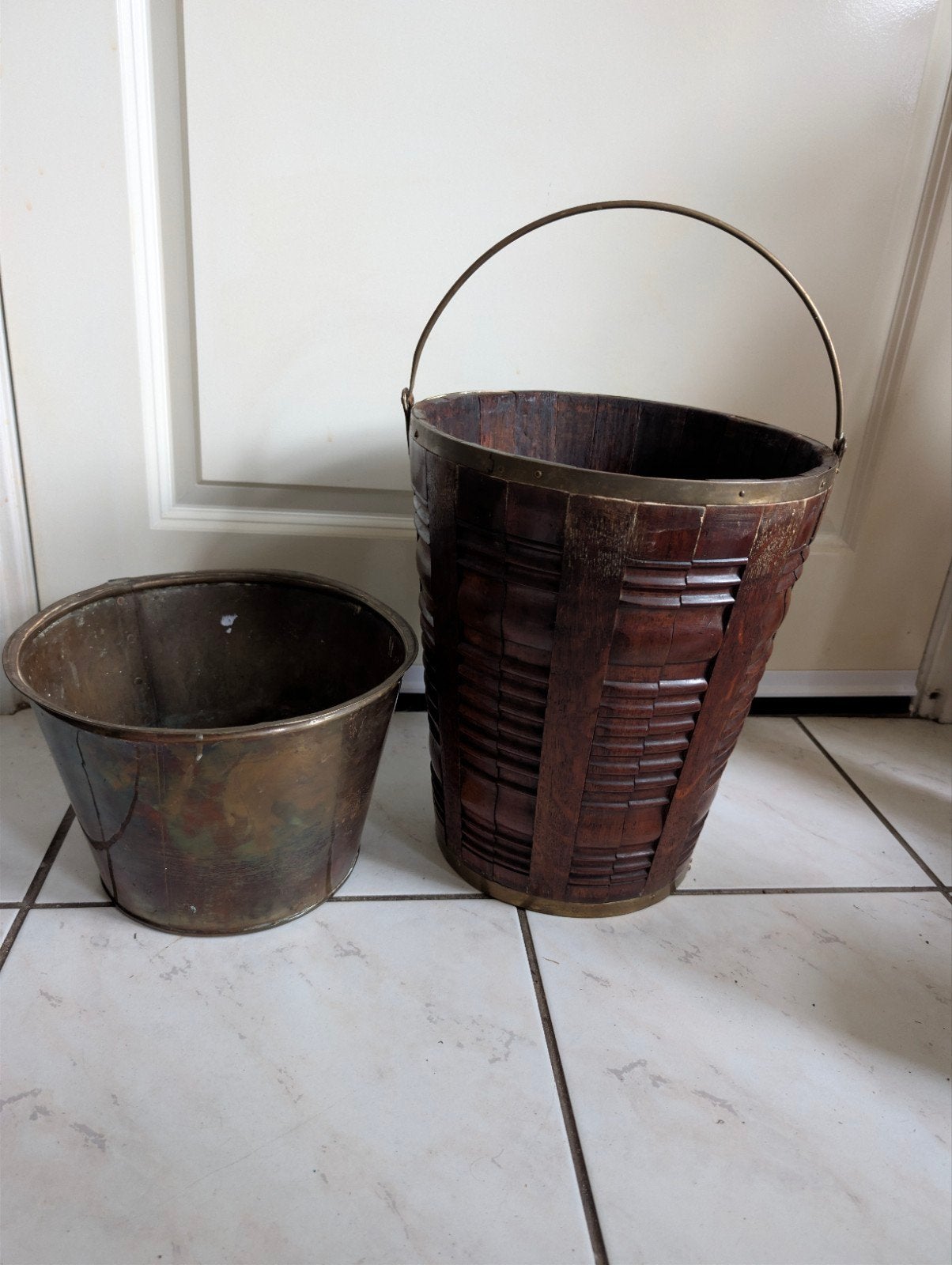 Antieke houten emmer met koperen binnenbak, Antiek en Kunst, Ophalen of Verzenden