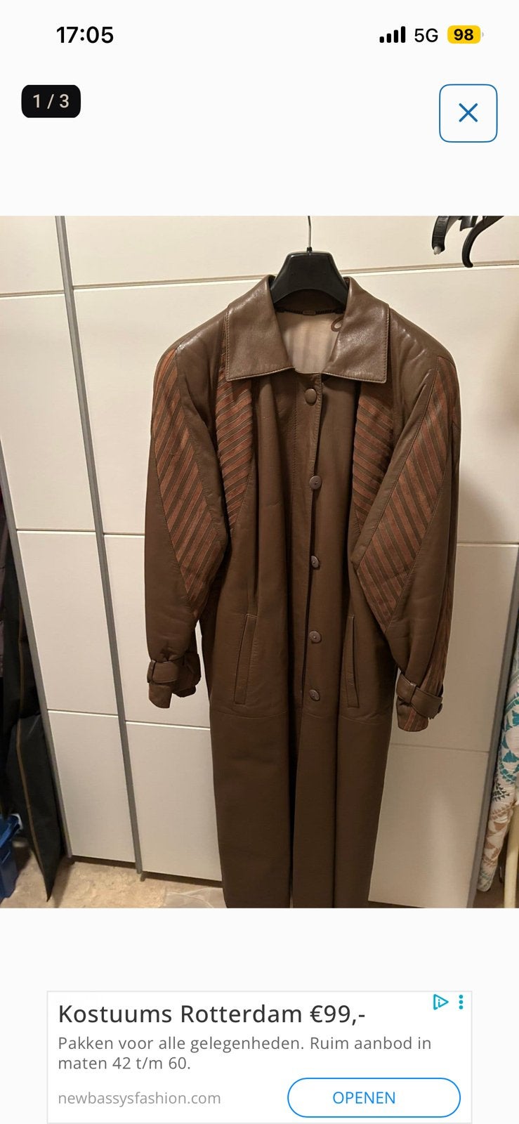 Bruin leren lange dames jas, Ophalen, Zo goed als nieuw, Maat 46/48 (XL) of groter, Bruin