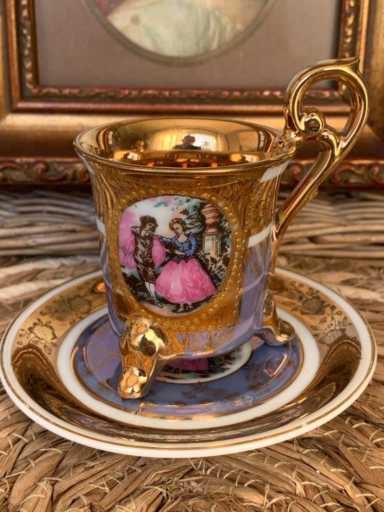 Prachtige Antieke Kop en Schotel met Romantische Scène, Ophalen of Verzenden