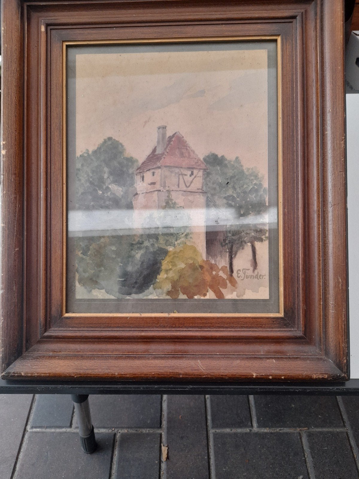 Oude aquarel van E. Tunder - Dorpsgezicht met toren, Ophalen