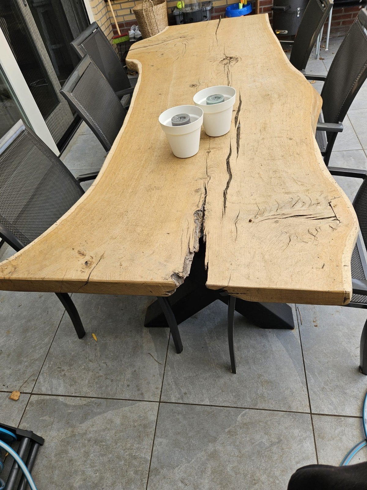 Eiken Buitentafel met Stalen Kruispoot, Ophalen, Gebruikt, Rechthoekig, Hout