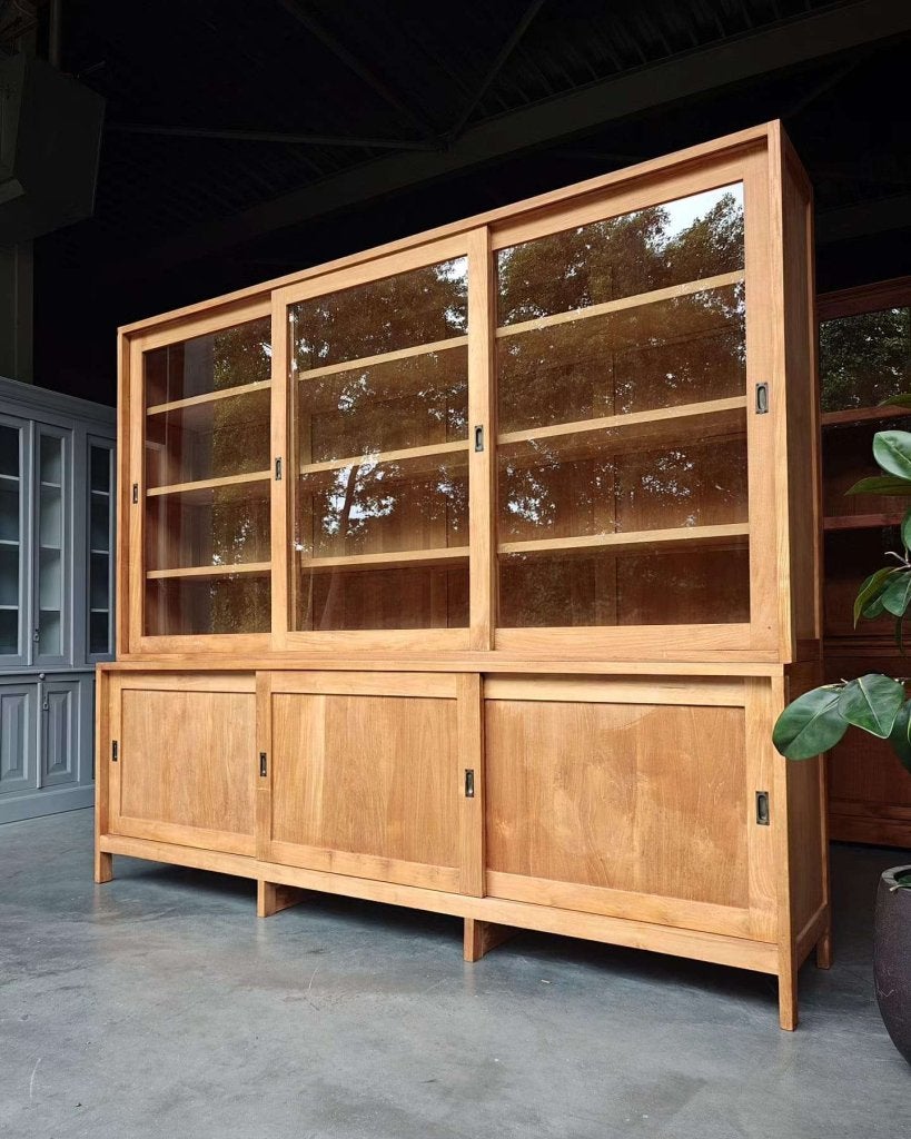 Grote/ Brede schoolkast | Strakke vitrinekast | Teak #9127, Gebruikt, -, 200 cm of meer, -