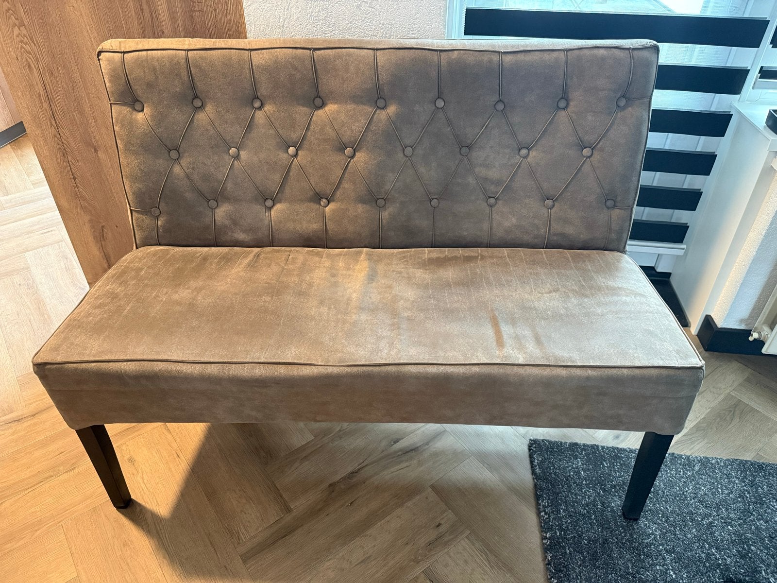 Elegante eetbank en stoelen in taupe/grijs, Ophalen, Gebruikt, Overige kleuren, Drie