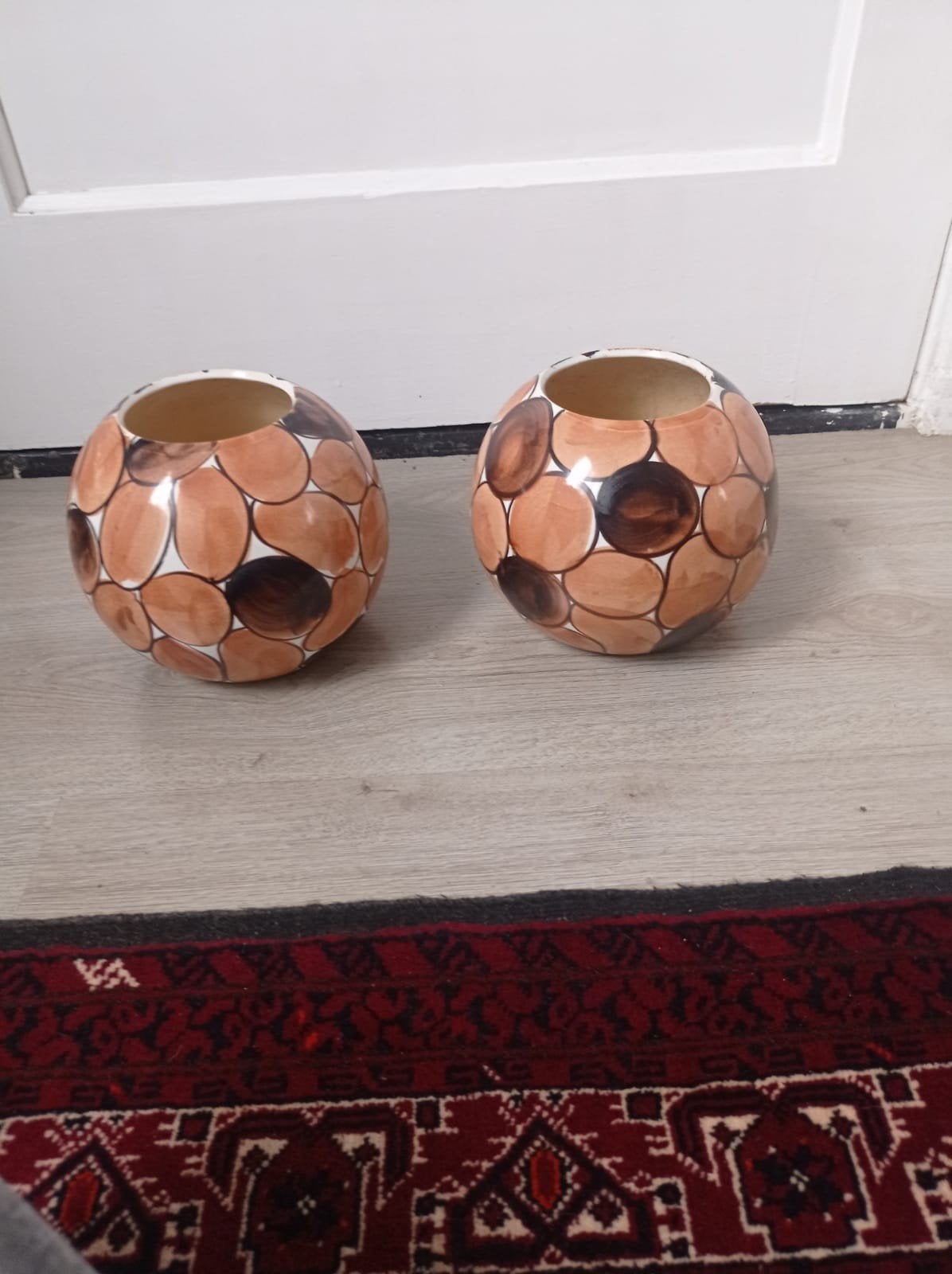 Set van 2 bolvormige keramieken vazen/windlichten, Gebruikt, Met patroon/structuur, Oranje, Ophalen of Verzenden