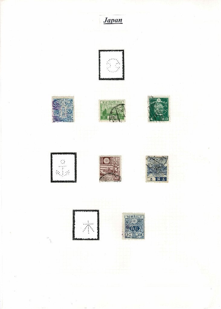 Perfins. Collectie JAPAN op albumbladen. Zeer mooi., Verzenden, Gestempeld, Oost-Azië