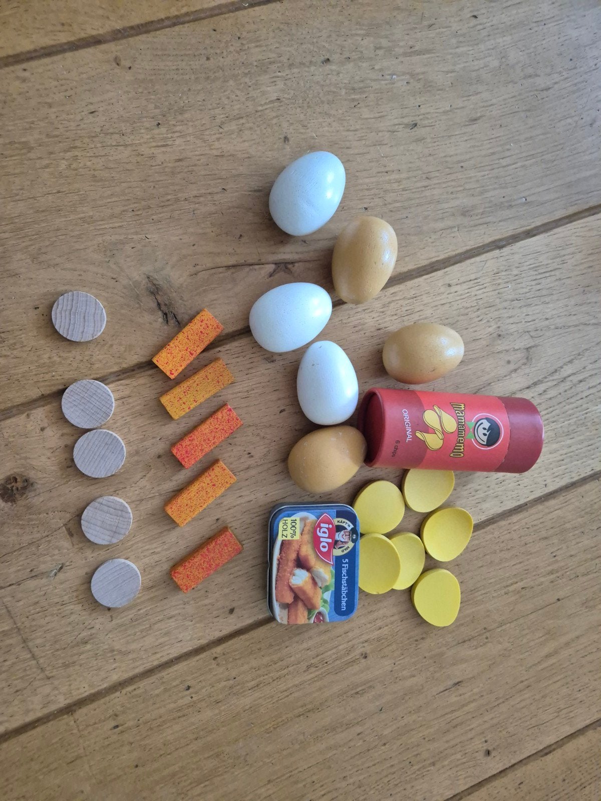 Houten speelgoed: Eieren, vissticks en meer, Ophalen of Verzenden, Gebruikt, Knutselen