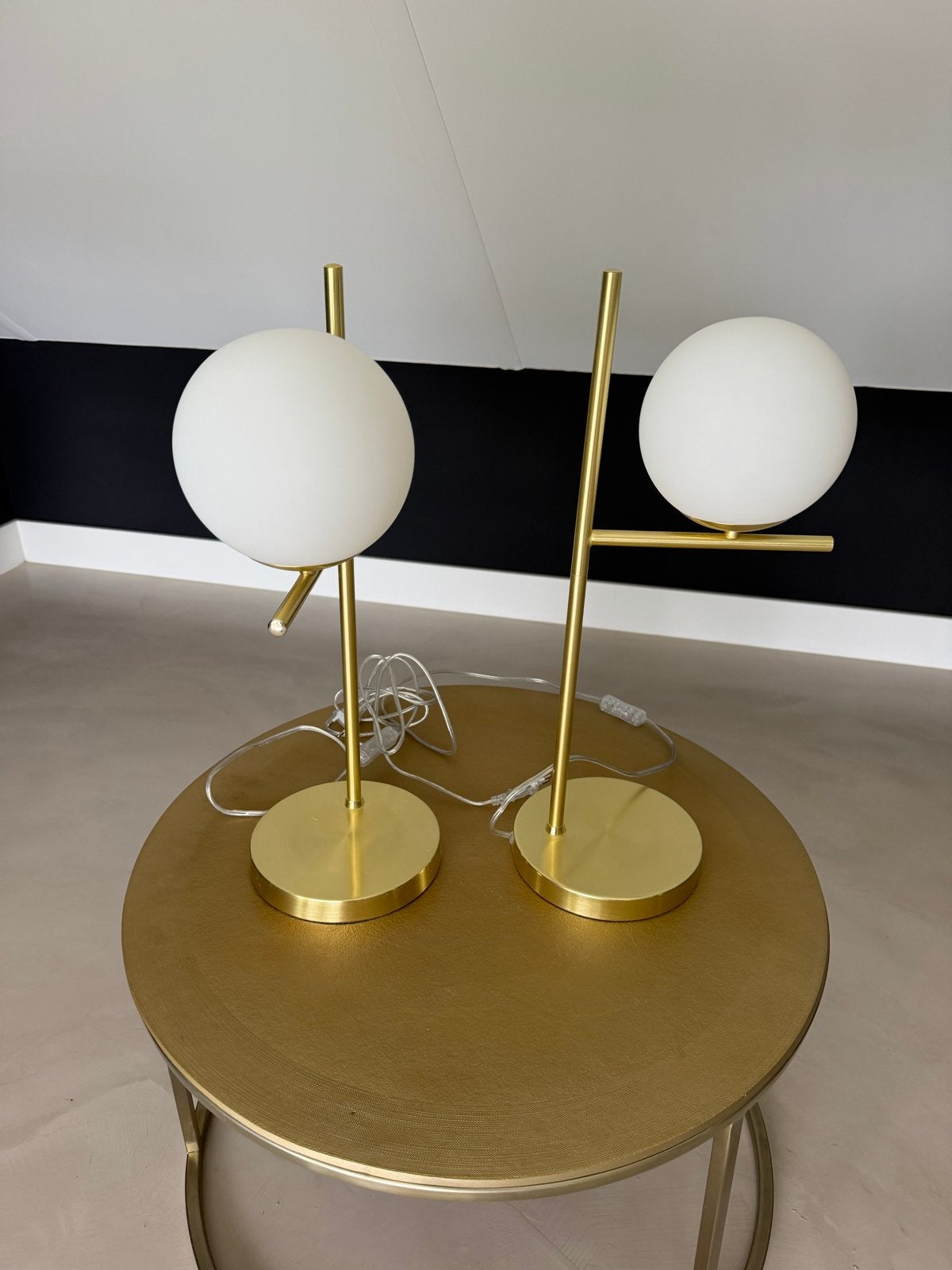 Set van 2 moderne gouden tafellampen met glazen bol, Ophalen, Goud, E14 (klein), Schemerlamp